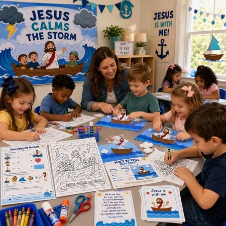 New Testament Jesus Calms stormy sea Bible craft lesson activity set PDF